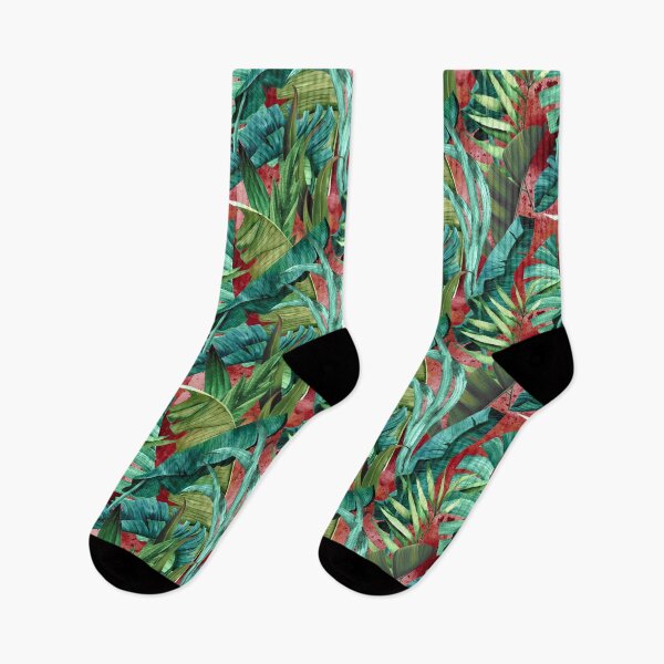 Item preview, Exotic tropical green foliage forest, leaves and flowers tropical pattern, botanical illustration, red plants illustration   designed and sold by ZeinabTaha.