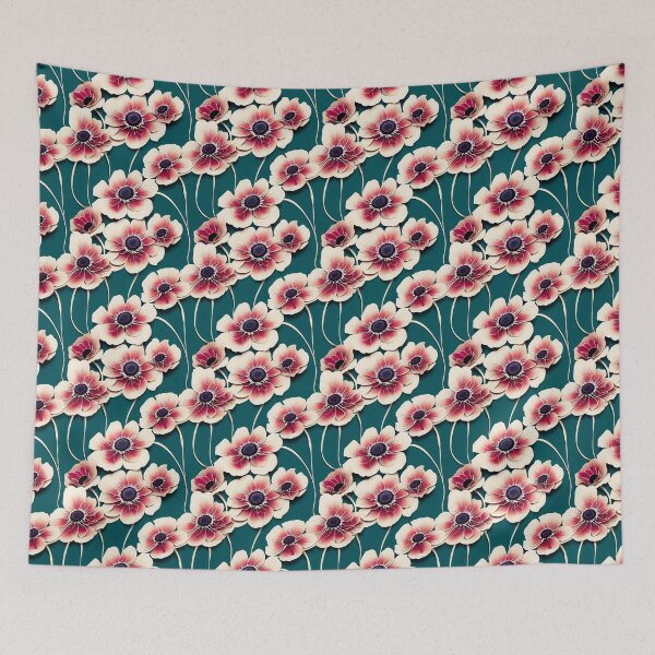 Item preview, Pink Anemone Blooming Vintage Style on  Aqua Background designed and sold by ClairesPatterns.