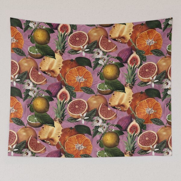 Item preview, Trendy blooming citrus pineapples fruits pattern, orange botanical illustration, pink floral illustration    designed and sold by ZeinabTaha.