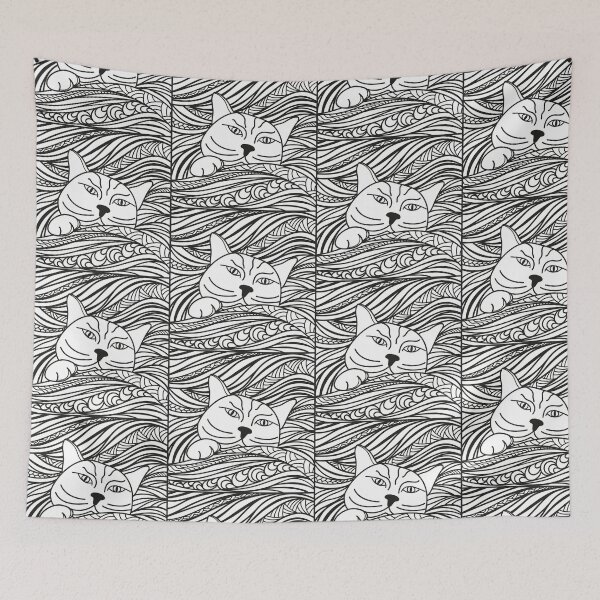 Item preview, Serious cat  on a pillow. Black and white drawing designed and sold by Tasha-design.
