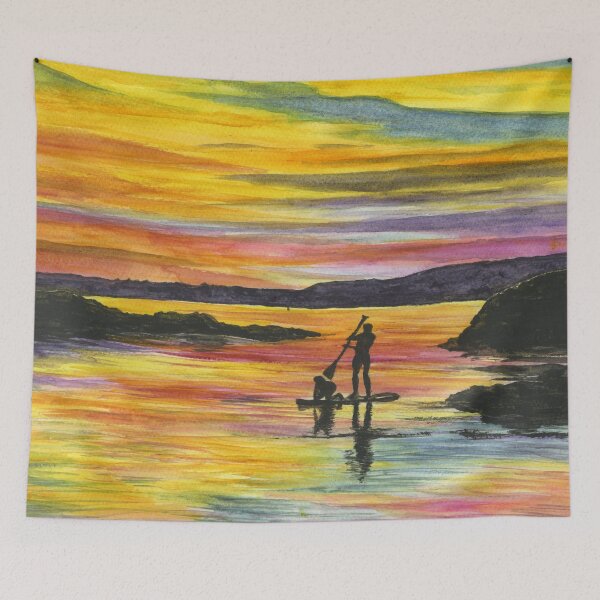 Item preview, Paddle Boarders at Sunset in Porth Castell at Trearddur Bay on Anglesey North Wales  designed and sold by LymphomaLass.