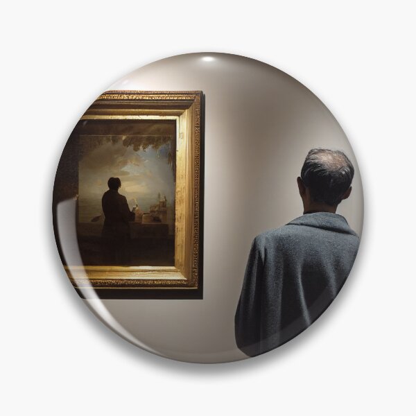 Item preview, A person in a museum gallery, looking at a painting, of a person, who is looking at, or painting, a painting designed and sold by FuturITsic.Synthography.