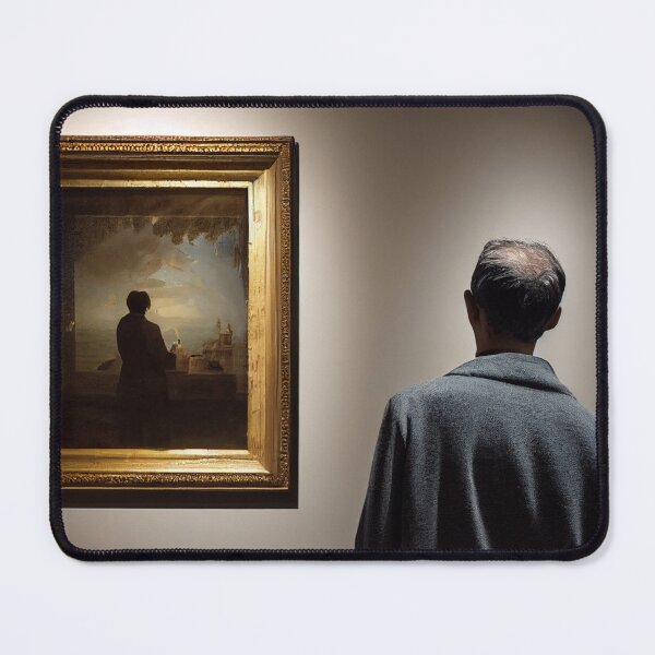 Item preview, A person in a museum gallery, looking at a painting, of a person, who is looking at, or painting, a painting designed and sold by FuturITsic.Synthography.