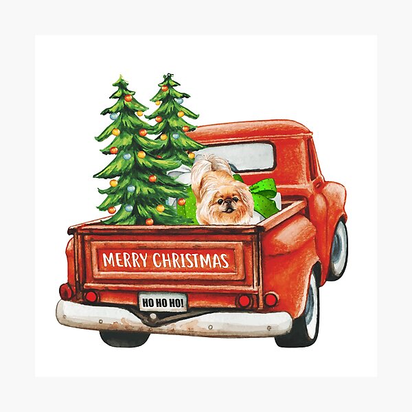 Artikelvorschau, Roter Weinlese-Frohe-Weihnachten-LKW mit Pekingese-Hund entworfen und verkauft von michellejustice.