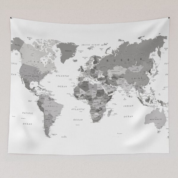 Item preview, Detailed World Map in grey designed and sold by UrbanEpiphany.