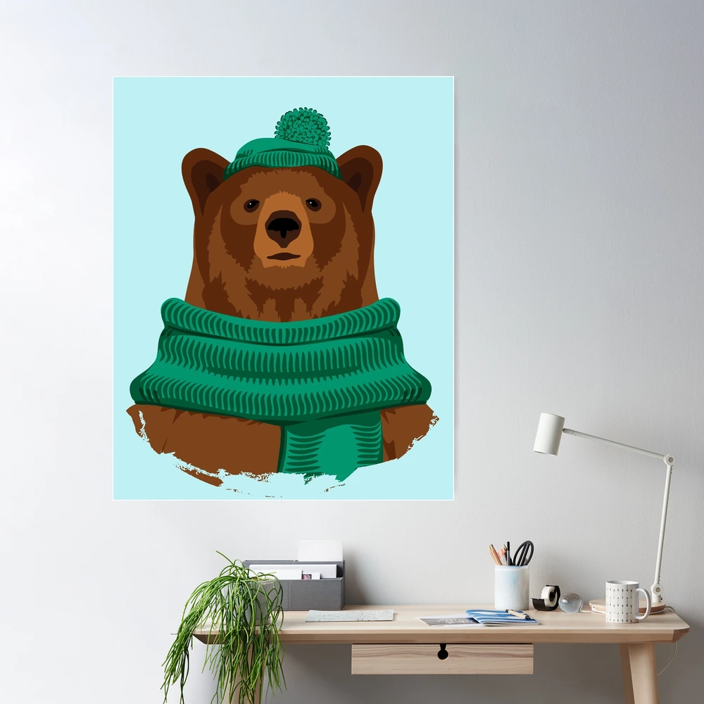 Brown bear in green hat and scarf