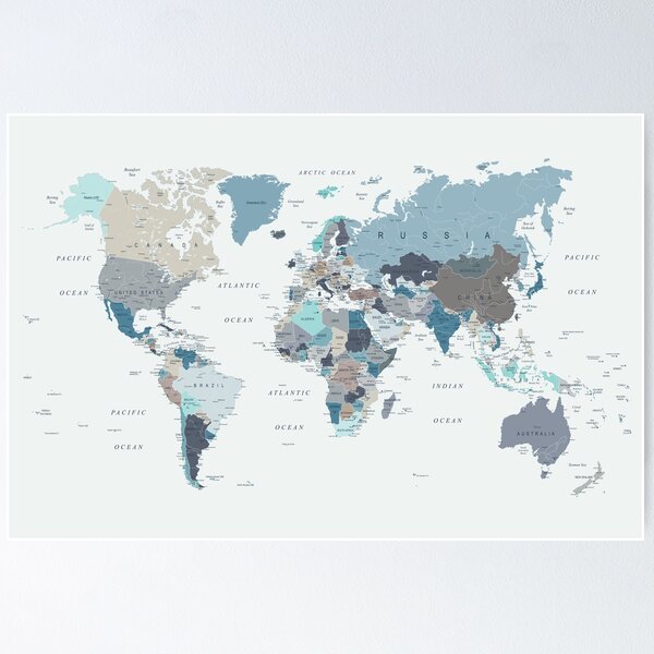Item preview, Map of the World in Neutral tones of Blue and Beige designed and sold by UrbanEpiphany.