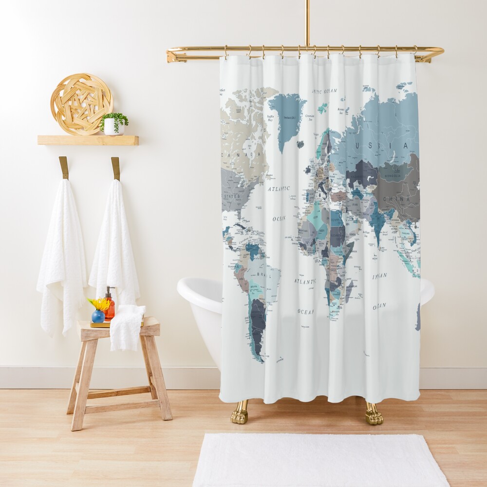 Map of the World in Neutral tones of Blue and Beige Shower Curtain
