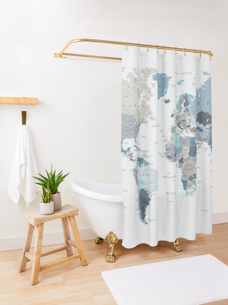 Alternate view of Map of the World in Neutral tones of Blue and Beige Shower Curtain