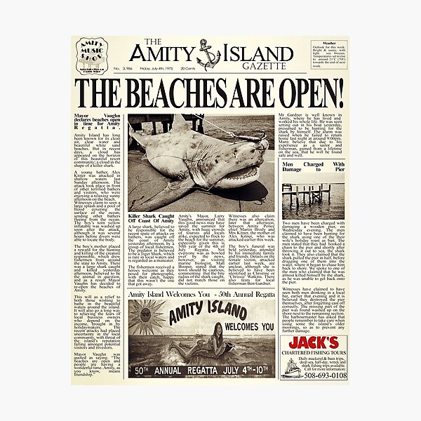Jaws - Newspaper Front Page Photographic Print