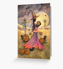 October Fields Halloween Witch and Scarecrow Fantasy Art Greeting Card