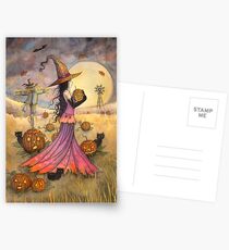 October Fields Halloween Witch and Scarecrow Fantasy Art Postcards