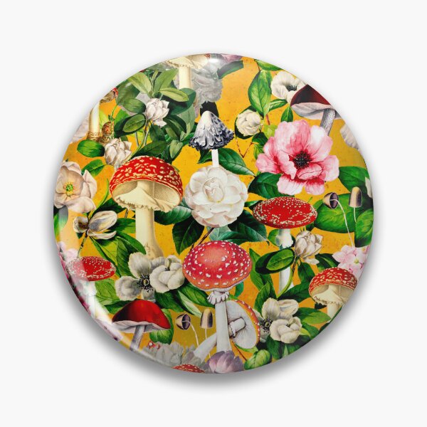 Artikelvorschau, Blumengarten mit Vintage-Pilzen, Pilzen und Pilzen, botanisches Muster, Pilzillustration, nahtloses Muster, trendiges gelbes Muster entworfen und verkauft von ZeinabTaha.