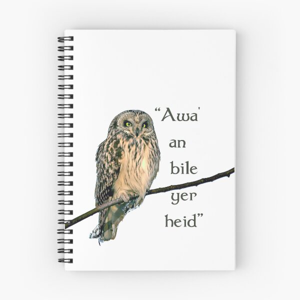 Item preview, Owl on branch with "Awa' an bile yer heid" Scottish phrase. White background. designed and sold by janesg.