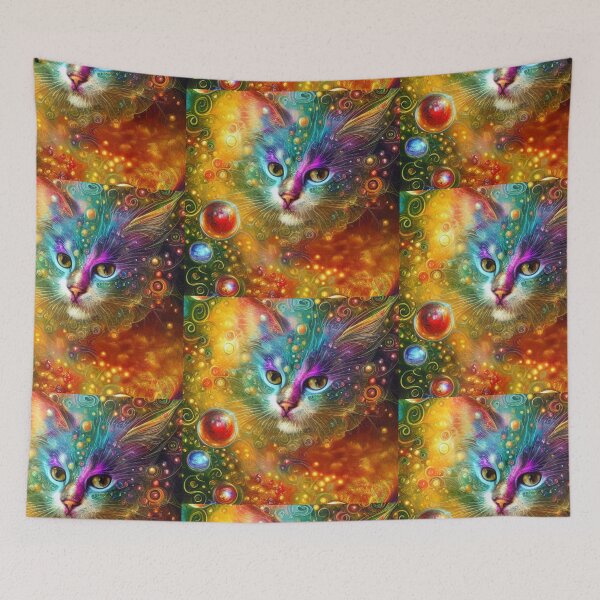 Item preview, Beautiful Fantasy Whimsical Cat Oil Painting with flowers in background designed and sold by ManifestoDesign.