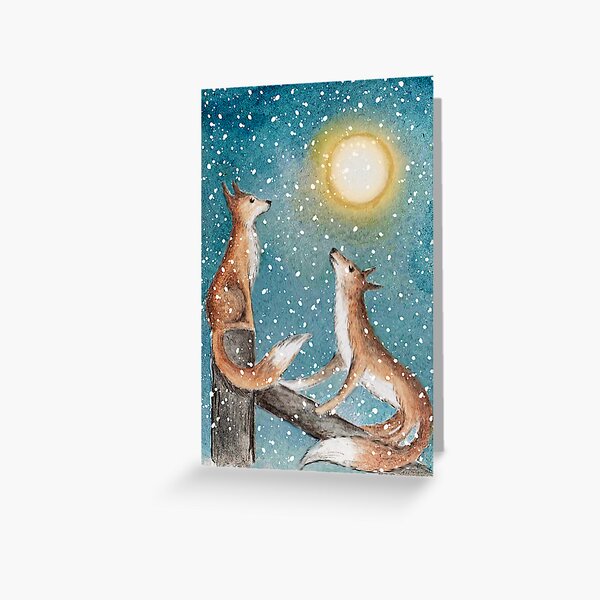 Aperçu de l'œuvre Carte renards de clair de lune dans la neige d'hiver de Noël créée et vendue par Julie Fowler.