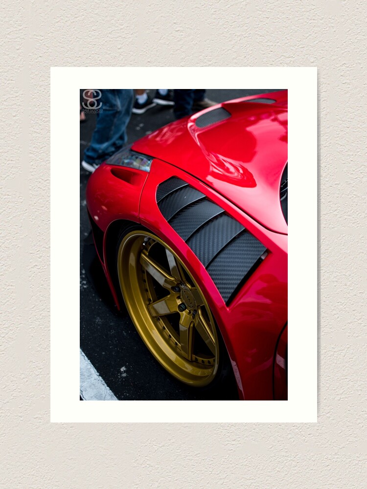 red ferrari 458 with gold wheels art print by samsiddiqui redbubble redbubble