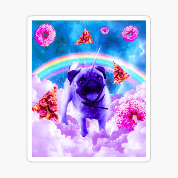Rainbow Unicorn Pug In The Clouds In Space Sticker