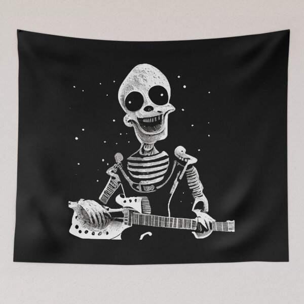 Item preview, skeleton rock on moon spooky halloween rock band concerts Happy Skeleton playing guitar designed and sold by joanaoberg.