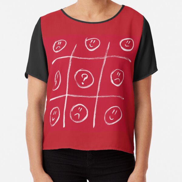 Smiley Question Happy Sad Tic-Tac-Toe White Red Chiffon Top