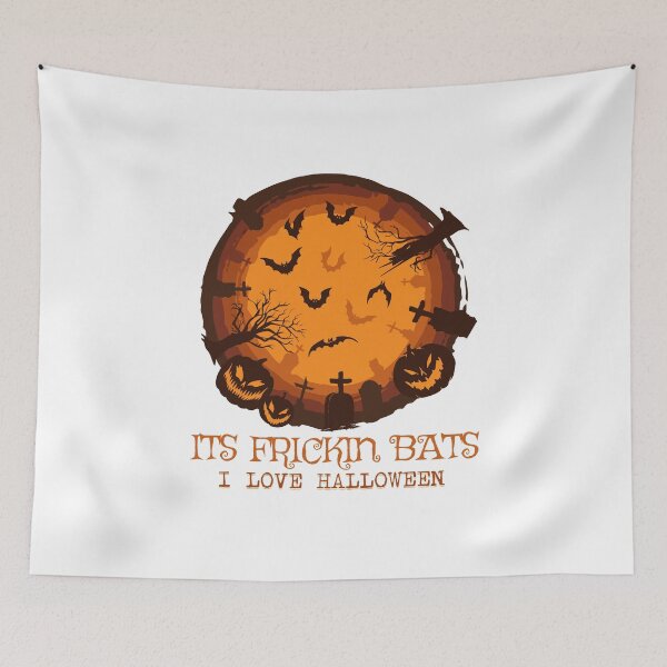 Item preview, Its Frickin Bats- I Love Halloween - Pumpkins Graveyard On Orange Background designed and sold by ImagesDesigns.