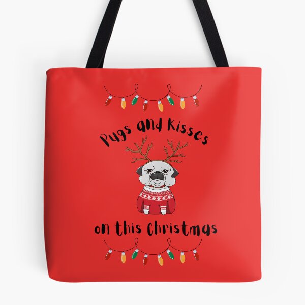 Item preview, pug and kisses on this christmas.  Pug and Kisses on these holidays. Christmas pug greeting. Festive pug designed and sold by Doggymadness.
