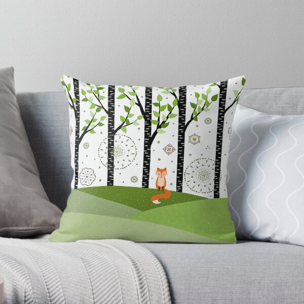 Fox - Birch Trees - Green Throw Pillow