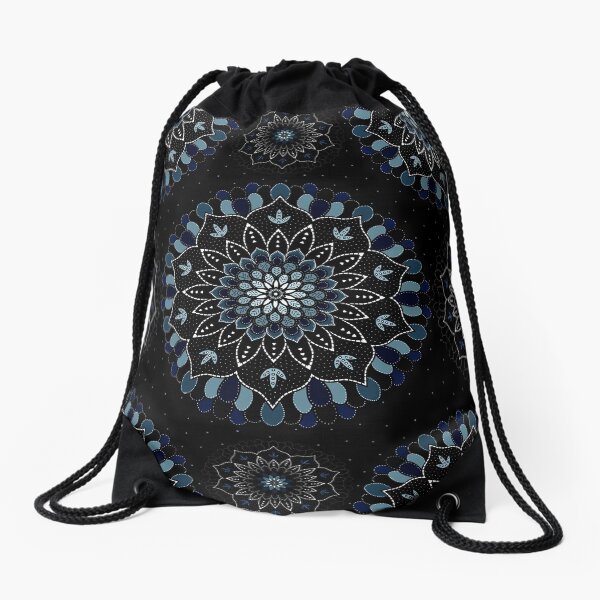 Black & Blue Mandalas Design Drawstring Bag