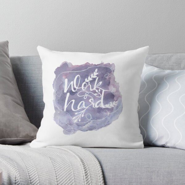 Work Hard Quote Print, Purple Wall Art Decor, Watercolor Typography Poster, Motivational Home Office Decor Throw Pillow