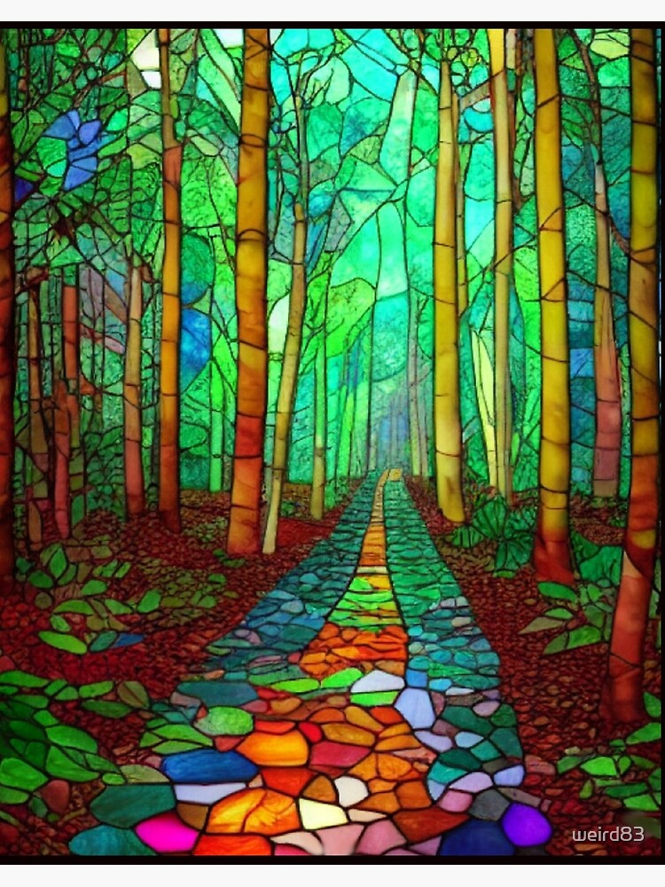 Stained glass forest hiking path in the woods colorful Autumn fall leaves  tile mosaic Art Board Print for Sale by weird83