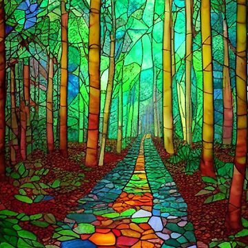 Stained glass forest hiking path in the woods colorful Autumn fall leaves  tile mosaic Art Board Print for Sale by weird83