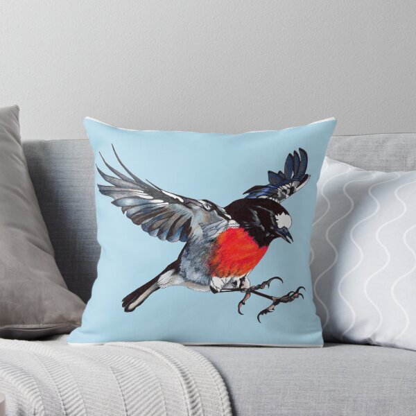 Item preview, Mr Scarlet Robin in flight with claws on blue background designed and sold by DingbatDesigns.