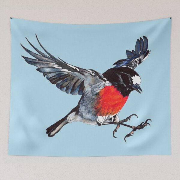 Item preview, Mr Scarlet Robin in flight with claws on blue background designed and sold by DingbatDesigns.