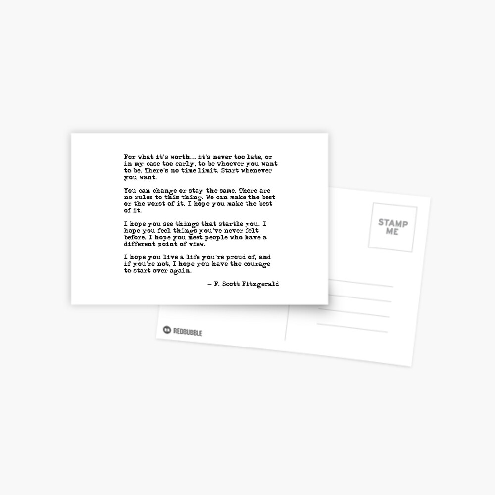 For what it's worth - F Scott Fitzgerald quote Postcard