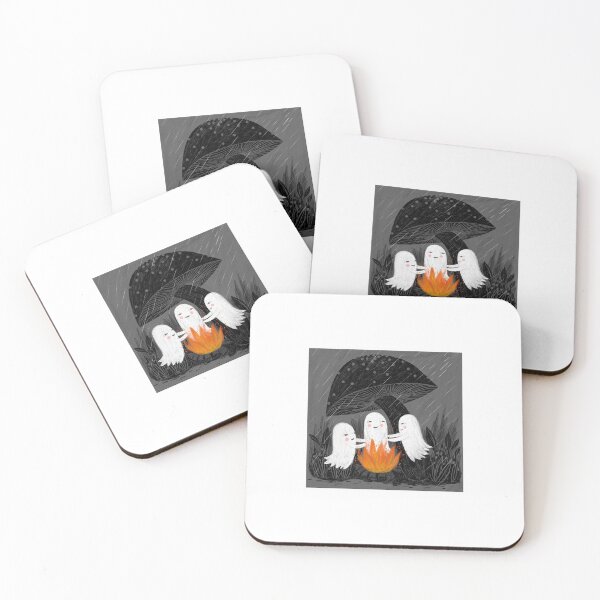 Item preview, Halloween ghosts at the fire under a mushroom illustration designed and sold by PinkNounou.