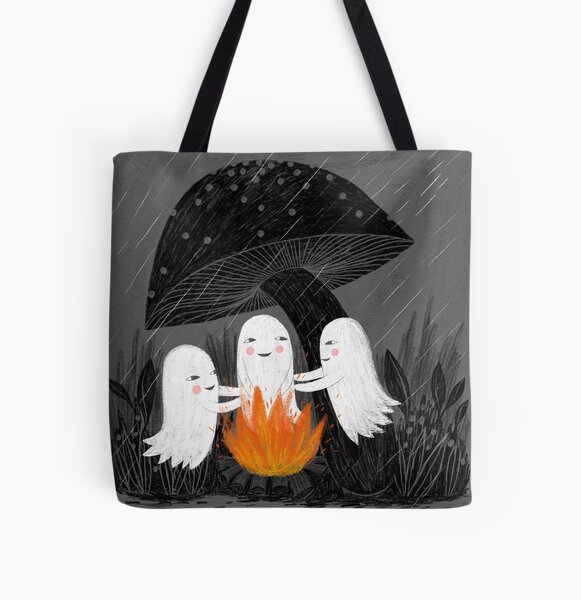 Halloween ghosts at the fire under a mushroom illustration All Over Print Tote Bag
