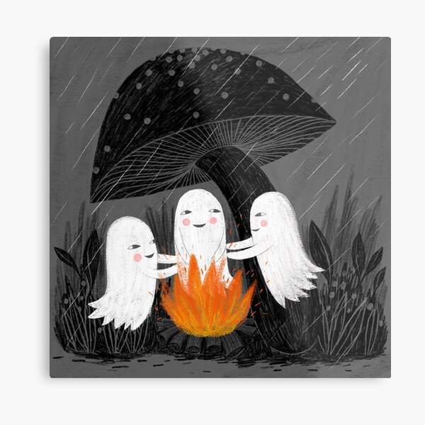 Item preview, Halloween ghosts at the fire under a mushroom illustration designed and sold by PinkNounou.