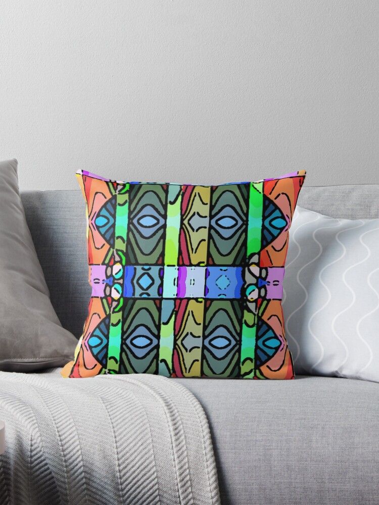 Thumbnail 1 of 4, Pillow, CORAL GREEN YELLOW 1980'S INSPIRED RETRO STRIPE ABSTRACT PATTERN FOR SUMMER DECOR AND CLOTHING designed and sold by ozcushionstoo.