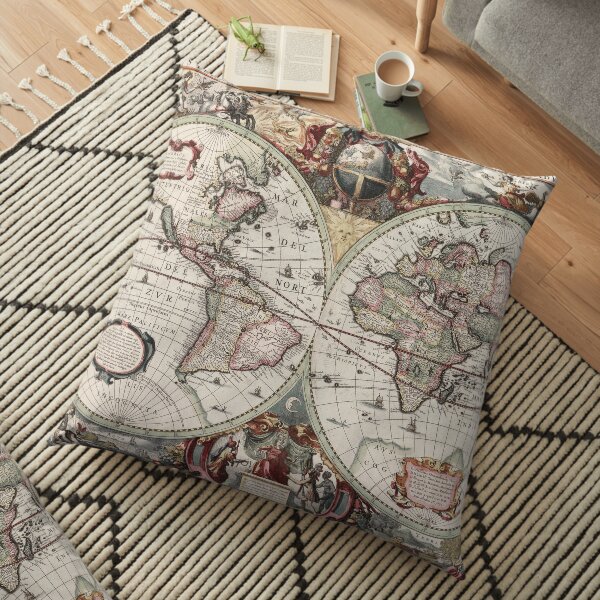 Vintage Maps Of The World. Geographic and Hydrographic Map of the Whole World Floor Pillow