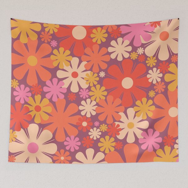 Item preview, Retro Flowers 60s 70s Aesthetic Floral Pattern Orange Pink Purple and Mustard  designed and sold by kierkegaard.