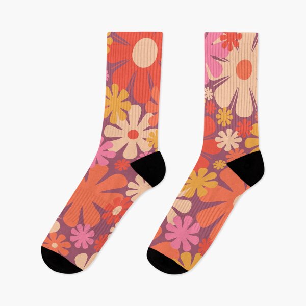 Item preview, Retro Flowers 60s 70s Aesthetic Floral Pattern Orange Pink Purple and Mustard  designed and sold by kierkegaard.