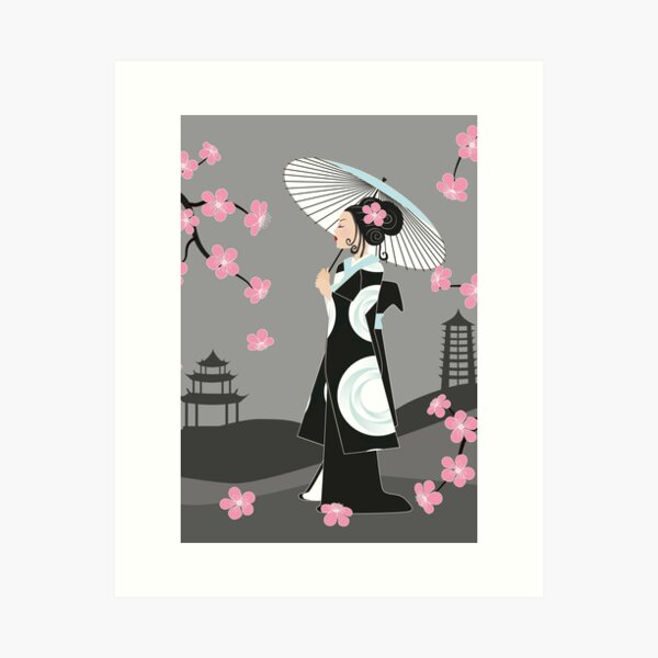 Geisha unter Kirschblüten Kunstdruck