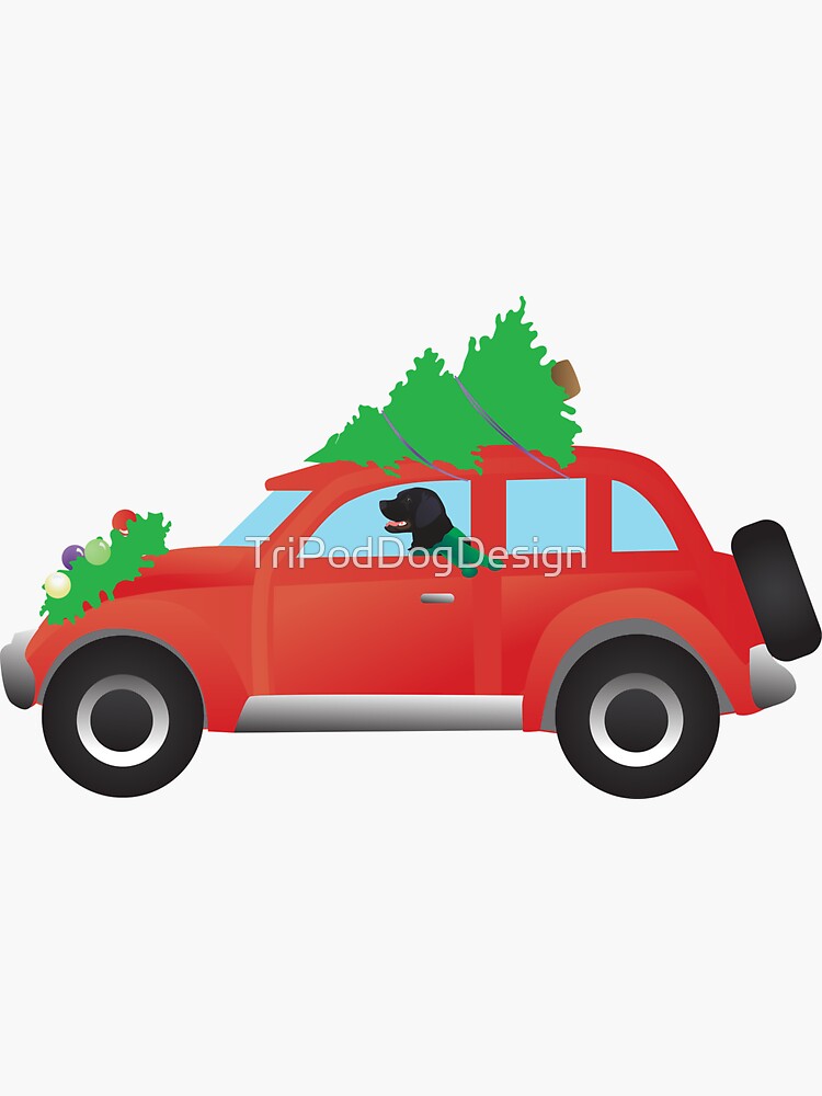 Flat-Coated Retriever Dog Driving Christmas Car with Tree on Top by TriPodDogDesign