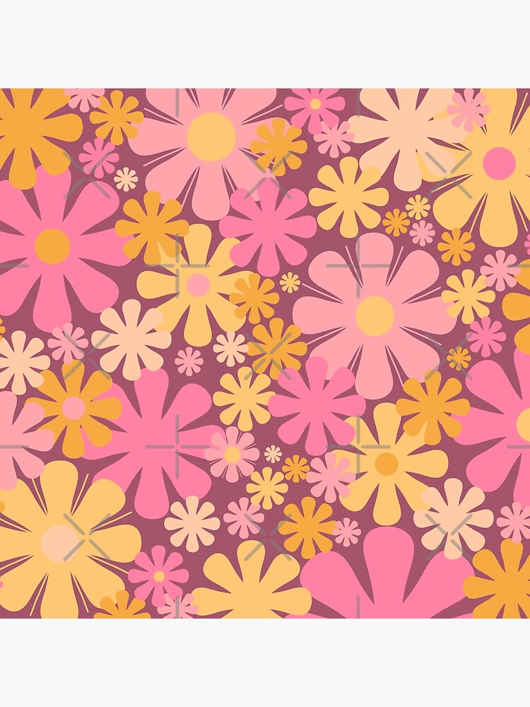 Retro Flowers 60s 70s Aesthetic Floral Pattern Pink Purple Yellow