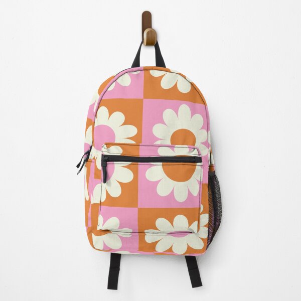 Vista previa del artículo con la obra «Patrón de flores blancas retro en tableros de ajedrez naranja y rosa», diseñado y vendido por Yasminepatterns .