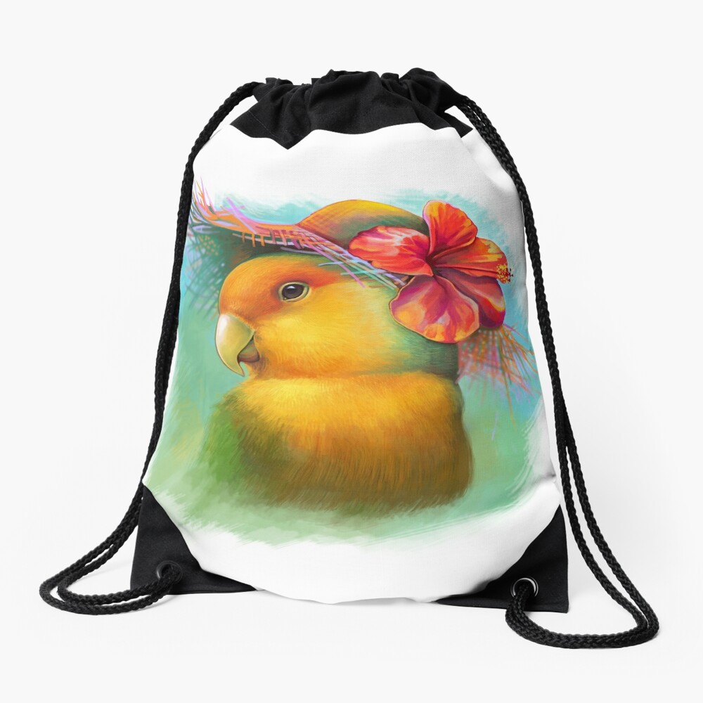 Orange-faced Lovebird with Hibiscus Hat Realistic Painting Drawstring Bag