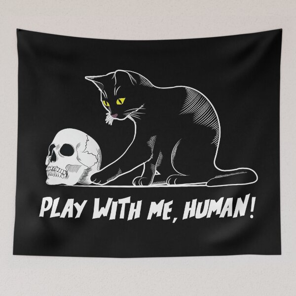 Item preview, Play With Me Human - Creepy Cute Black Cat Playing With Skull designed and sold by TheInkElephant.