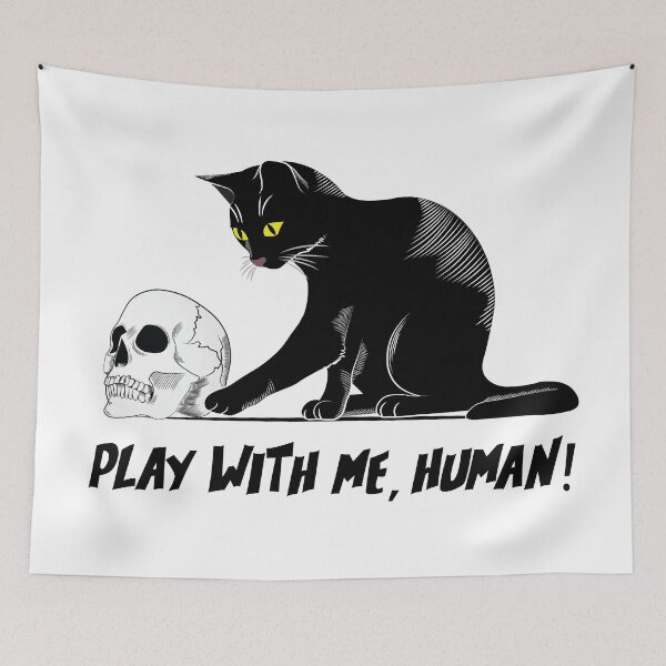 Item preview, Play With Me Human - Creepy Cute Black Cat Playing With Skull designed and sold by TheInkElephant.