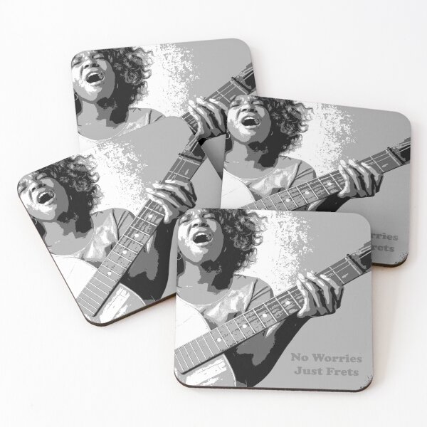 Item preview, Stylized picture of a black woman singing and playing guitar: No Worries Just Frets designed and sold by SomeGuyLou.