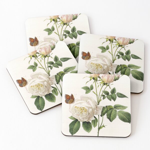 Item preview, Vintage botanical illustration by P.J. Redoute. White rose flowers and butterflies. designed and sold by naturematters.